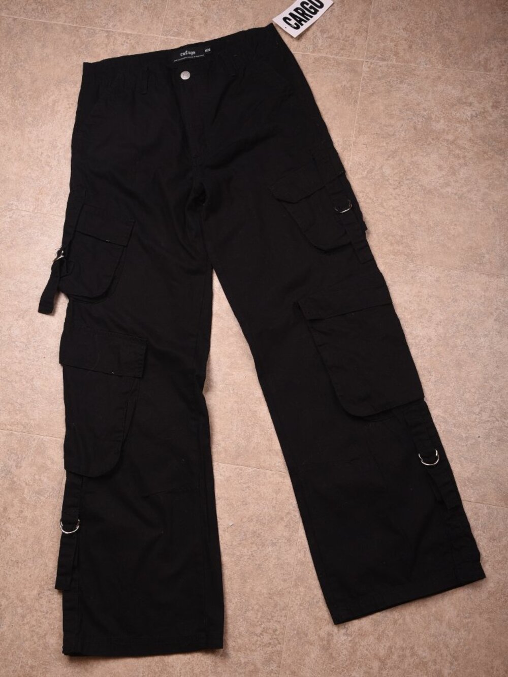 Y2K 90s Refuge Black Multi-Pocket Wide-Leg Cargo Pants - Size Medium BNWT